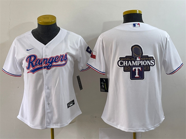Youth Texas Rangers White 2023 World Series Champions Big Logo With Patch Stitched Baseball Jersey